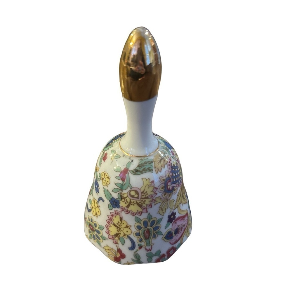 Vintage Lefton Floral painted bell with gold tip handle, porcelain material